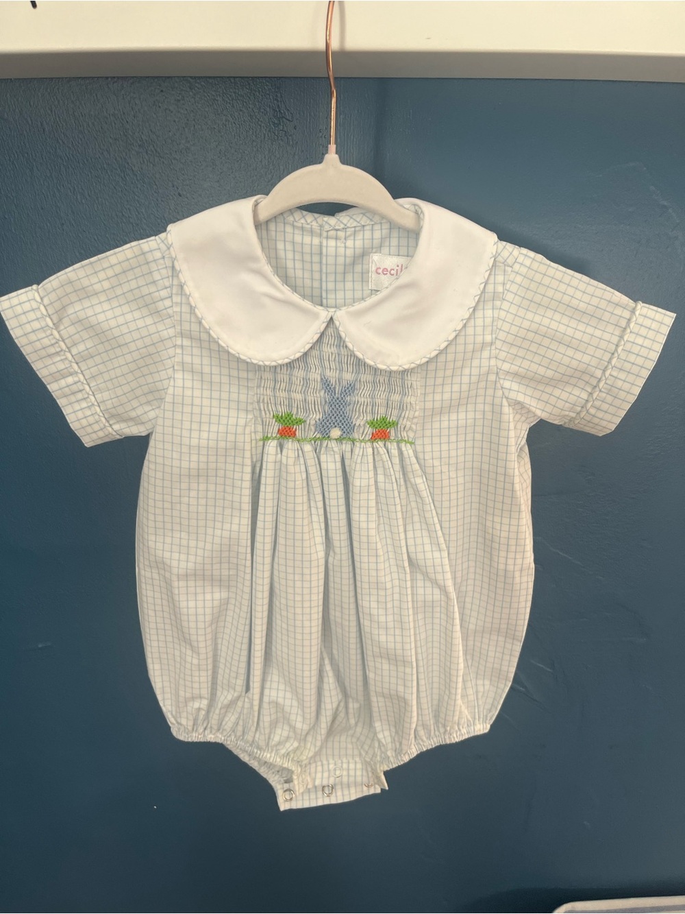 Smocked Bunny Bubble Romper in Light Blue Check